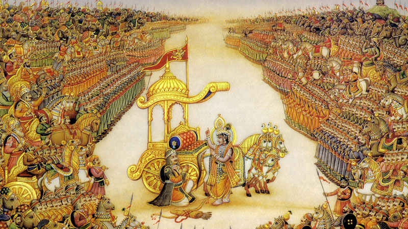 Krishna and Arjuna on the Battlefield of Kurukshetra: The literal and symbolic meanings.