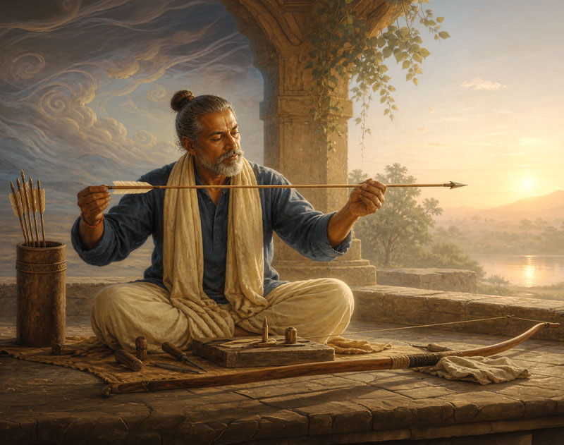 A fletcher straightening an arrow, symbolizing the spiritual discipline of mastering the restless mind.