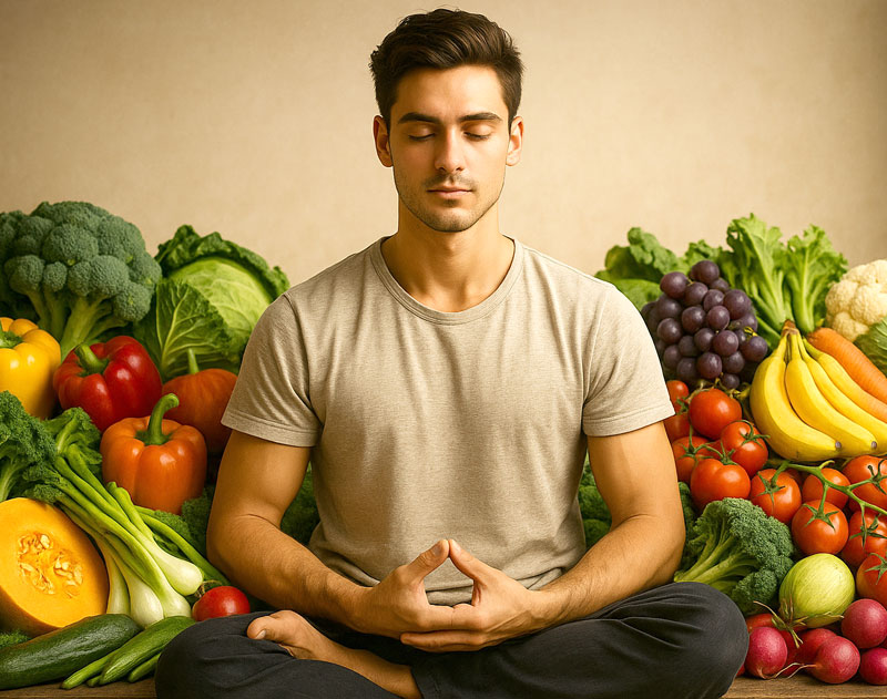 Meditator amidst veggies