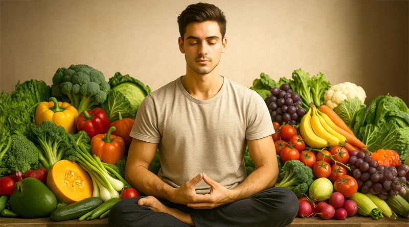 Meditator amidst veggies
