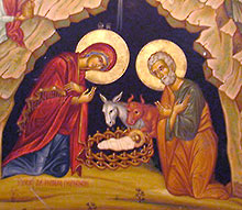 The icon of the Nativity above the altar in the Grotto of Nativity in Bethlehem